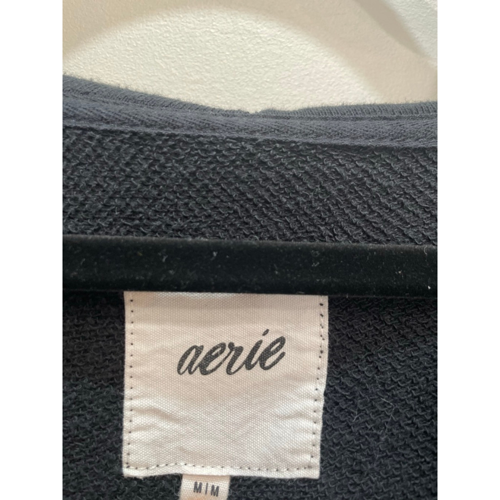 Aerie Down to Earth Henley Hoodie Black Ribbed V-Neck Sweatshirt M Oversized - Picture 2 of 6